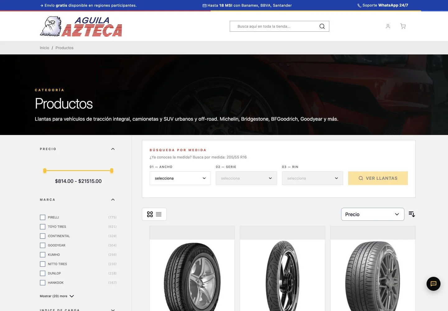 Catálogo de llantas de Águila Azteca con búsqueda por medida y filtros