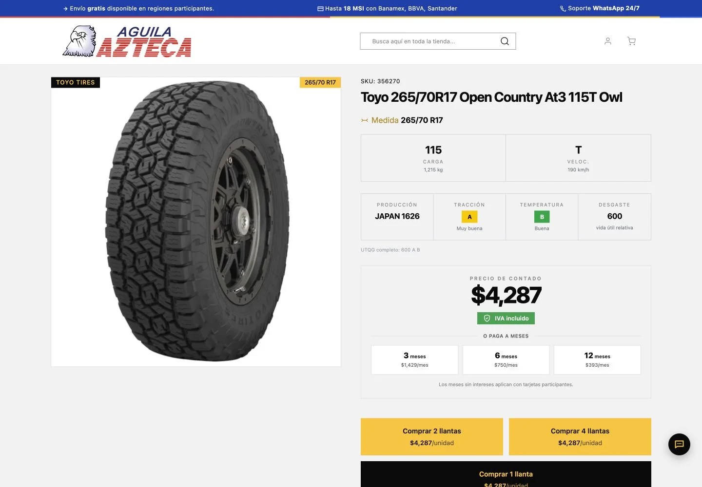 Ficha de llanta Toyo con medida, especificaciones y opciones de compra en Águila Azteca