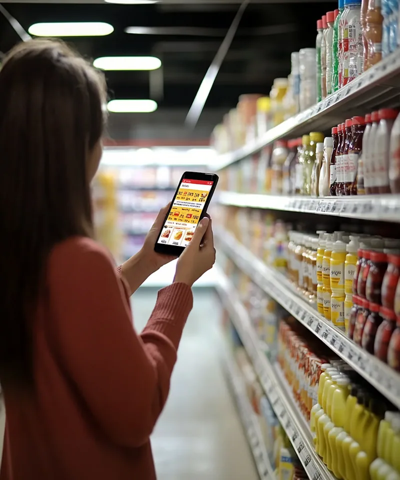 Compradora consultando productos desde su teléfono en una tienda